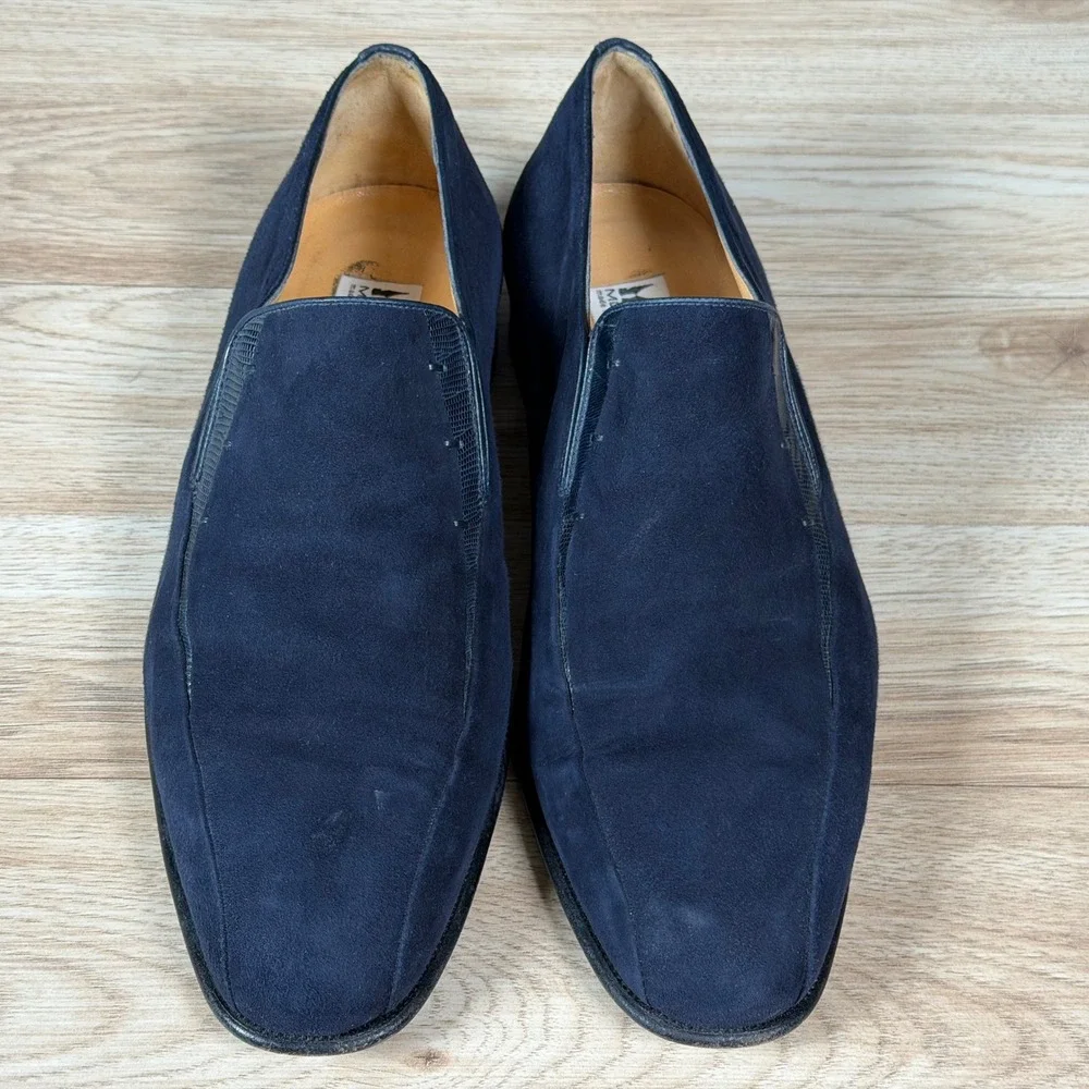 Moreschi Loafers Mens Size 11 Navy Blue Suede Lizard Trim Slip On Made in Italy